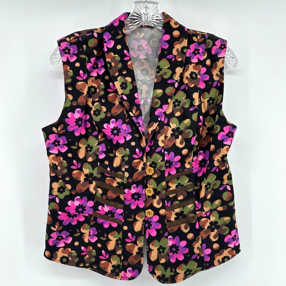 Women Sleevless Vest Medium Floral Button Front‎ Vintage AOP Psychedelic Artsy